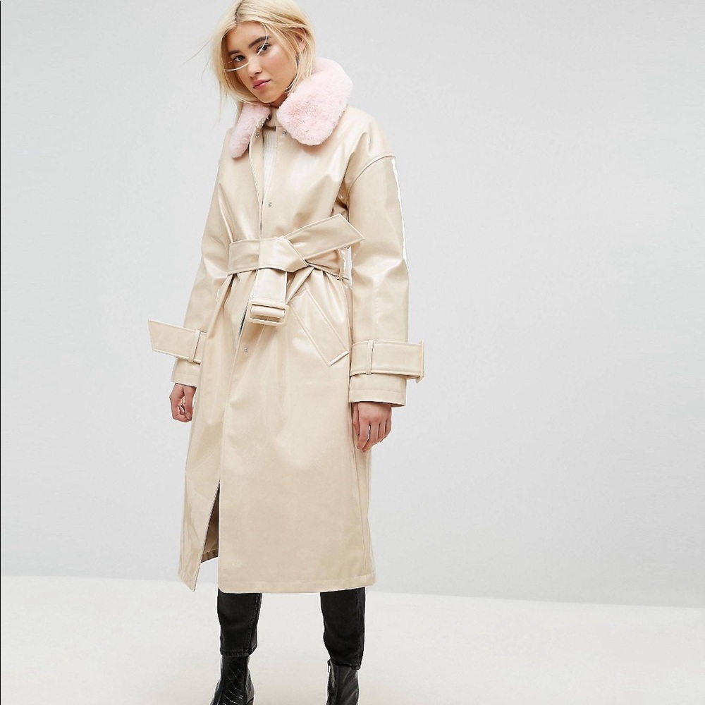 ASOS Vinyl Trench with Faux Fur Collar Size 14